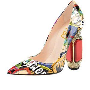 FSJ Pointed Toe Chunky Block Low Heel Crystal Pumps Slip on Wedding Dress Shoes